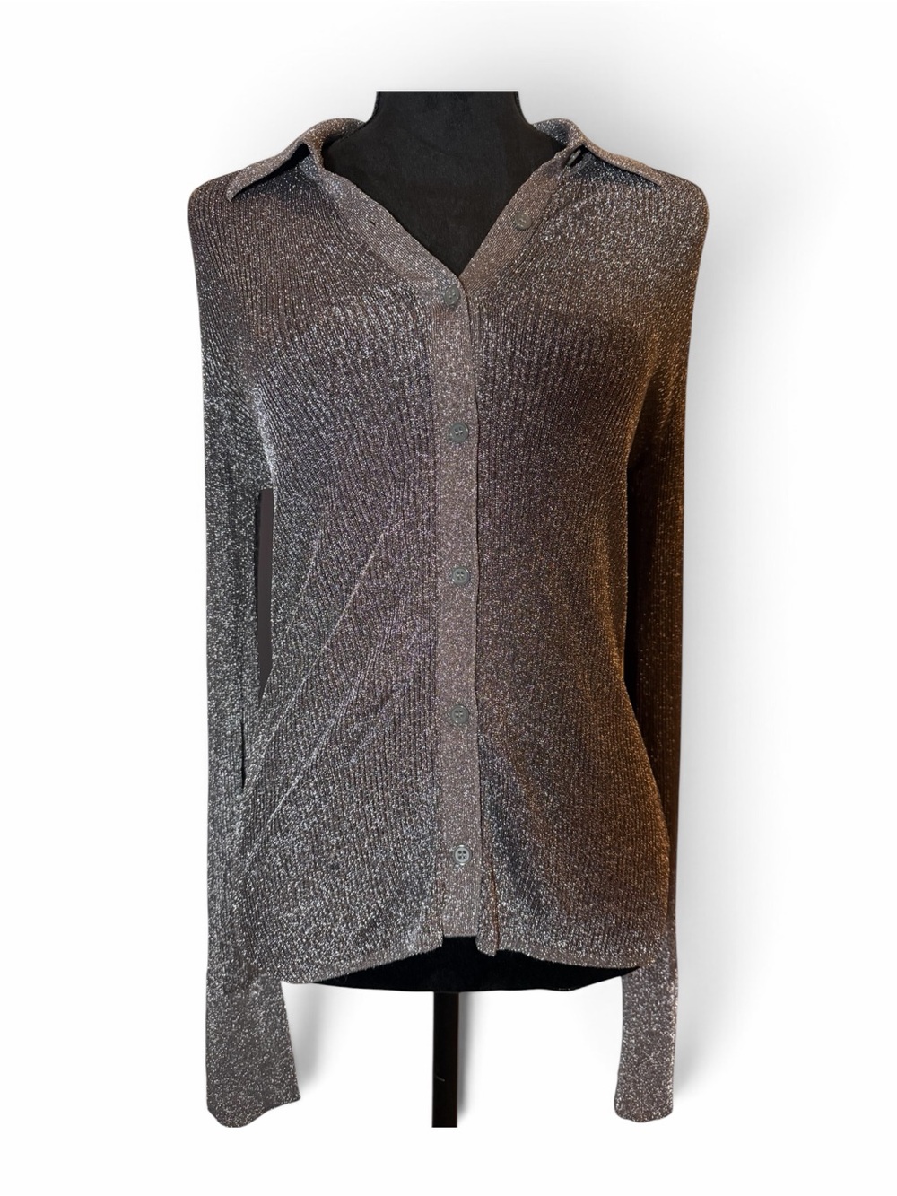 COS Metallic Silver Button-Up Long Sleeve Blouse Office Career Festive